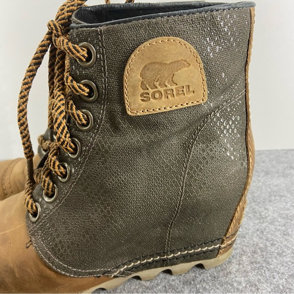 Sorel Tan Leather and Gray Lace-Up Wedge Ankle Boots Women’s Size 7.5 - Picture 4 of 12